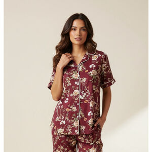 Flora Nikrooz Maroon Floral Short Sleeve Button Down Pajama Sleep Top Small